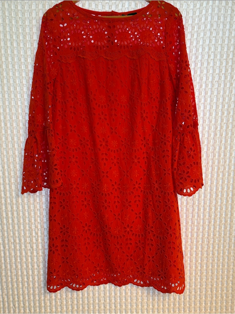 JCrew Bright Orange Eyelet Cutout Shift Dress with Bell Sleeves